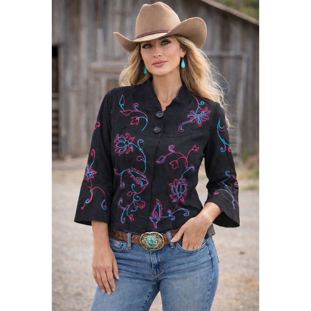 Choices Jacket Large Black Pink Floral Embroidered Rodeo Boho Cowgirl Western - Picture 1 of 15